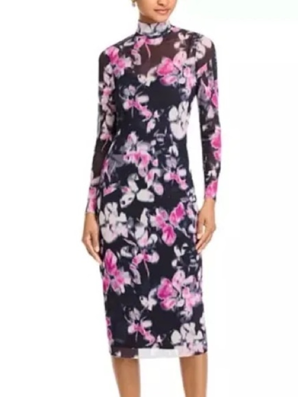 Beautiful Steve Madden Vivienne Pink Black Floral Bodycon Midi Mesh Dress